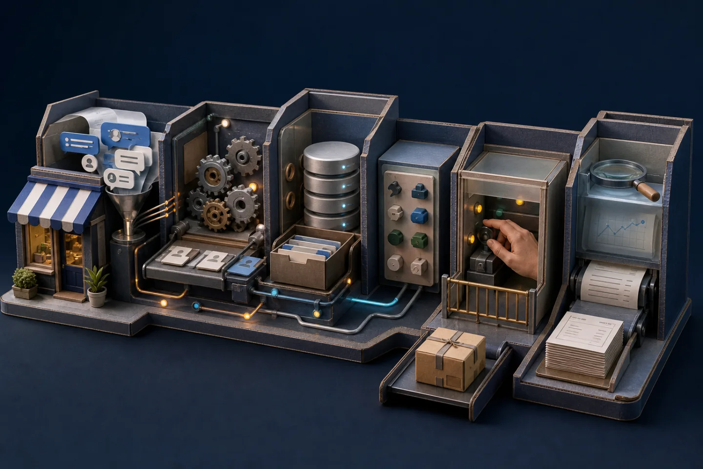A tactile model of an online business connecting customer demand with process, data, integrations, human approval, and measurement